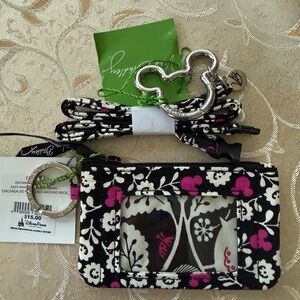 Disney Black and Pink Floral ID Holder with Mickey Keychain